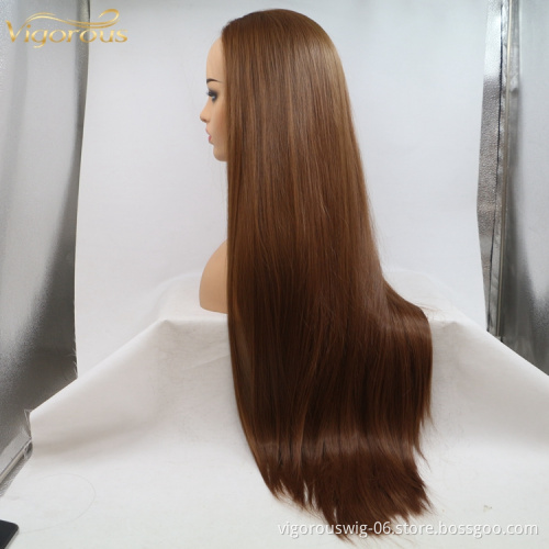 Vigorous mono long brown premium high quality straight wholesale black women synthetic hair wigs with lace front